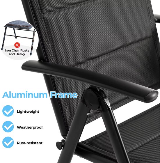J&R Set van 2 Tuinstoelen - Klapstoelen opvouwbaar - 7-Standen verstelbaar - Aluminium - Grijs met houtlook armleuningen — afbeelding 2