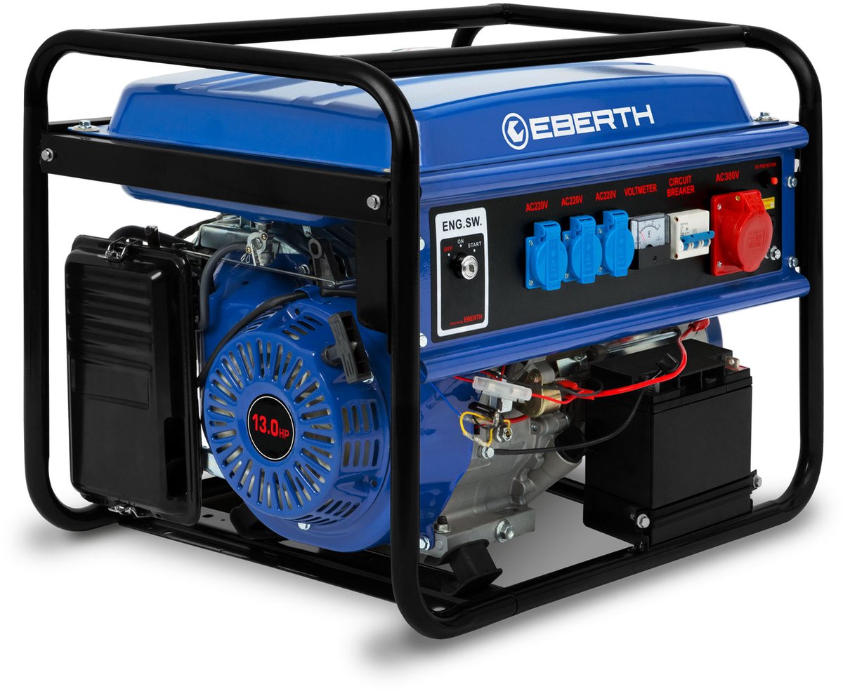 EBERTH 5500 watt Noodstroomaggregaat, stroomgenerator met elektrische start, 13 pk benzinemotor, viertakt, driefasig, 1x 400 V, 3x 230 V, 1x 12 V, automatische spanningsregelaar (AVR), oliepeilbeveiliging