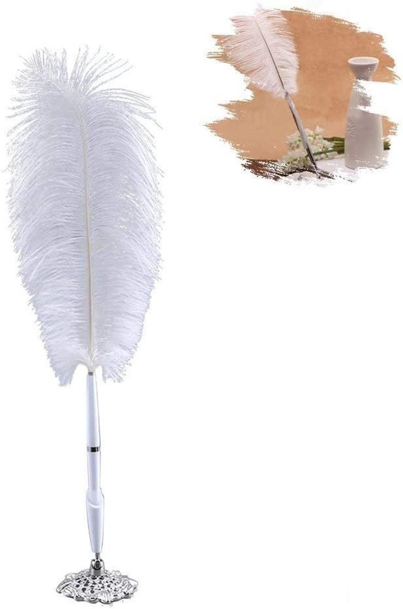 Elegante witte struisvogelveren pen voor bruiloften, gastenboek en speciale gelegenheden met zilveren metalen basis