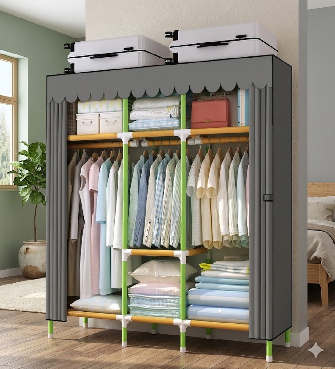 Draagbare kledingkast 165x43x168 cm met kledingstang en planken, opvouwbare garderobekast met stoffen hoes, stofdichte kleding organizer grijs – Vermissen