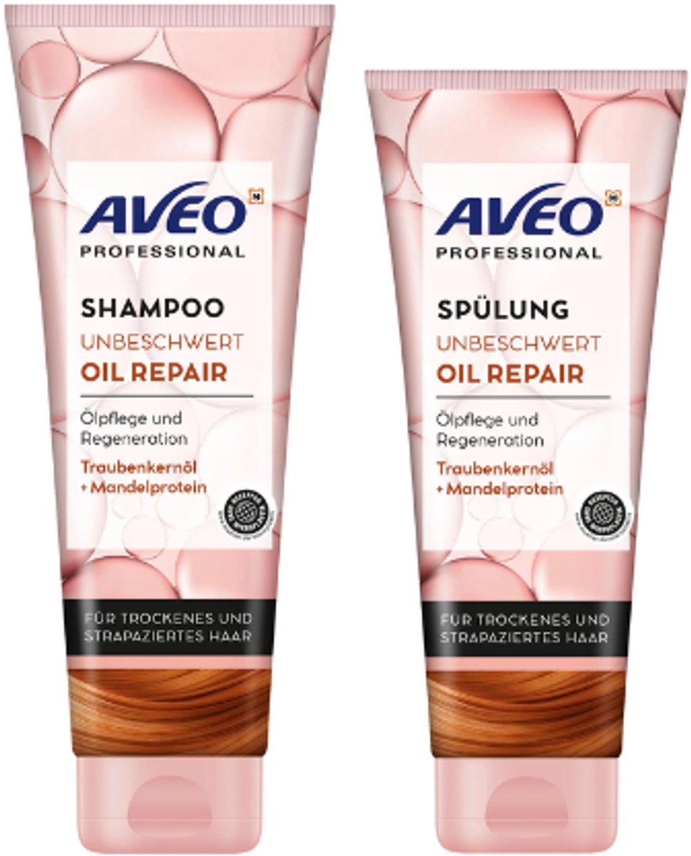 Aveo Professional Oil Repair Haarverzorging Set - Shampoo & Conditioner | 250 ml - 200 ml - Druivenpitolie & Amandelproteïne | Voor Droog & Beschadigd Haar