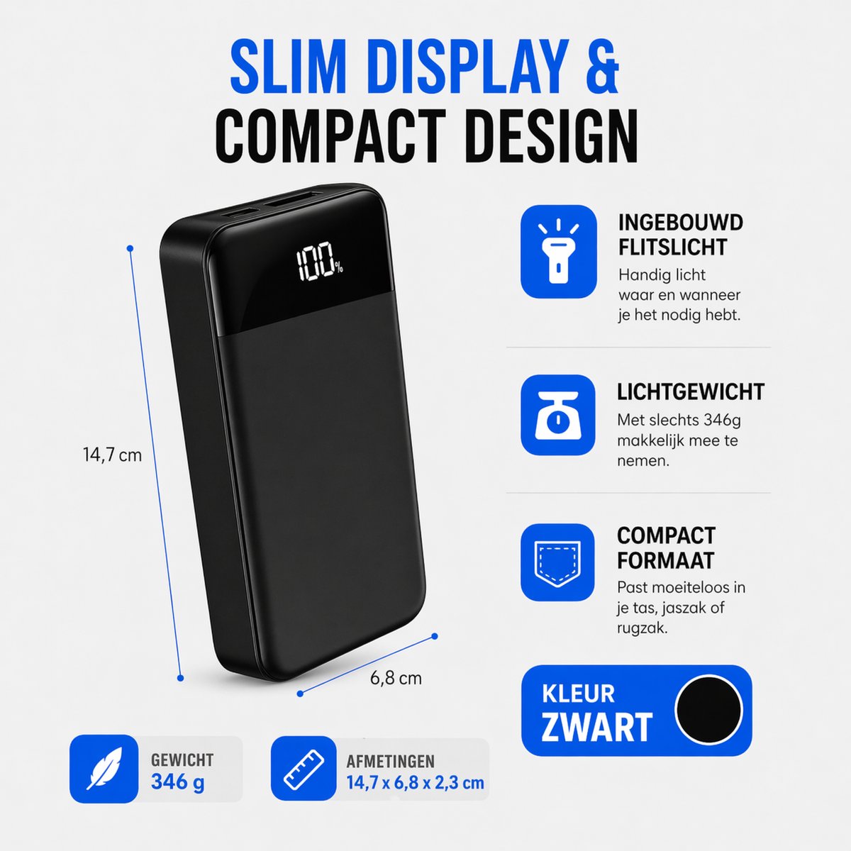 Powerbank 30.000 mAh – Snellader 22.5W – USB-C – Noodpakket - Zaklamp – Telefoon Tablet – 5x Opladen Tegelijk — afbeelding 2