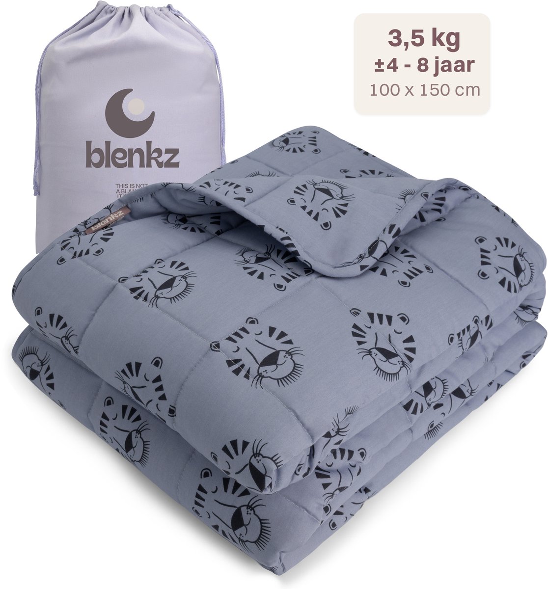 BLENKZ – Verzwaringsdeken Kind 3,5 kg – 100×150 cm – Kinderformaat – Voor kinderen van ±4–8 jaar – Tijger blauw – Zwaartedeken