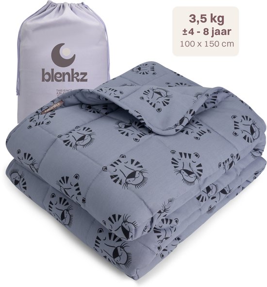 BLENKZ – Verzwaringsdeken Kind 3,5 kg – 100×150 cm – Kinderformaat – Voor kinderen van ±4–8 jaar – Tijger blauw – Zwaartedeken