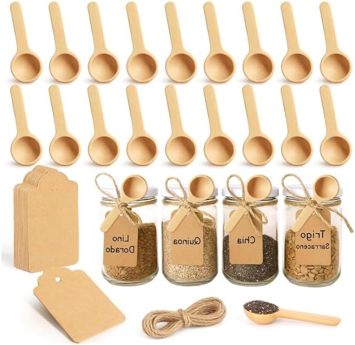 Mini Houten Lepels Set van 24 Stuks, 1g Dosering Lepels voor Specerijen en Kruiden, Inclusief 30 Labels en 30 Touwtjes voor Keuken en DIY Decoratie
