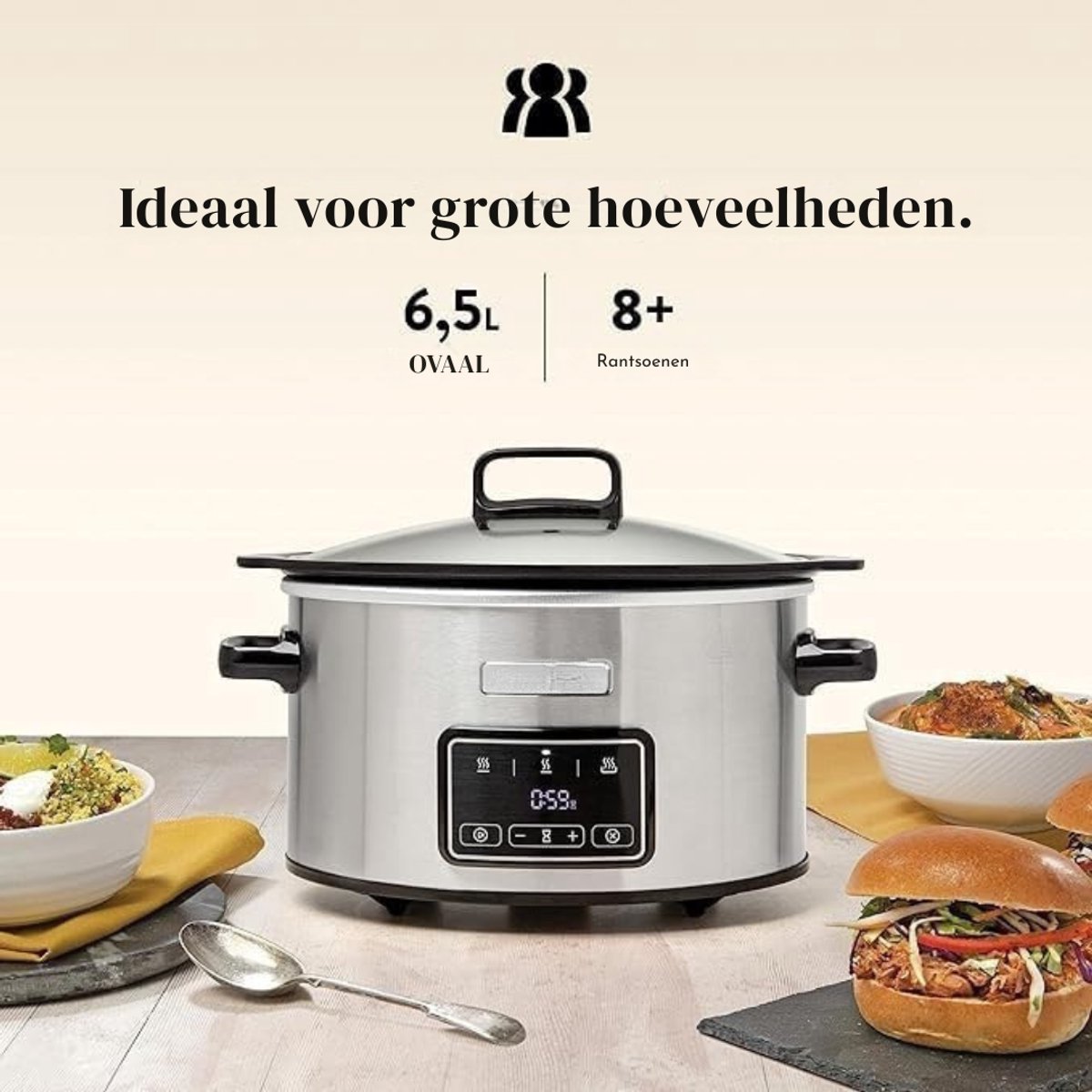 RUX® Slowcooker met Timer - Crockpot - Stoompan - Uitneembare Binnenpan - 3,5 Liter - Zilver - 25cm x 24cm x 23cm – foto 2
