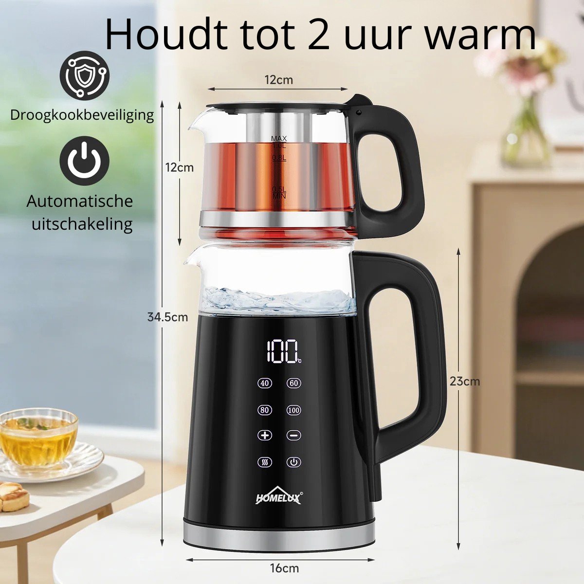 Homelux - Theepot - Caydanlik - 2200W – Elektrische Waterkoker 1,7L + 1L Theemaker met Infuser, 4 Temperatuurstanden 40-100°C, Warmhoudfunctie, Samovar BPA-vrij, RVS Filter, Stille Waterkoker, Theezetter Caymatik - Semaver - Cayci - Cay - Turkse thee — afbeelding 7