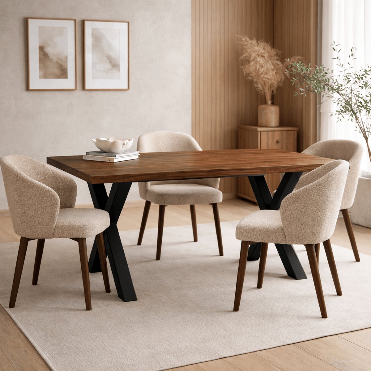Eettafel Massief Eikenhout met Walnoot finish - 240x80 - Zwarte X-poot - Kumo