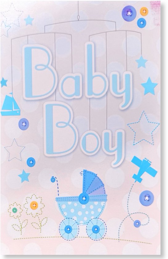 Geboortekaartje voor een jongen met een kinderwagen, vliegtuigje, bootje en sterren. Tekst 'Baby Boy'.