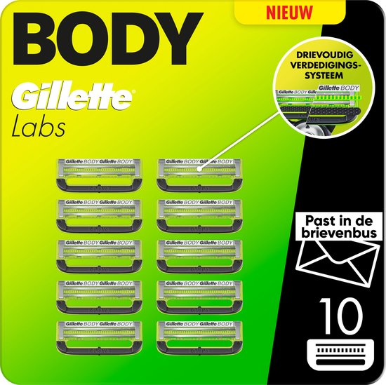 Gillette Labs Body scheermesjes, 10 stuks, groen en grijs. Met "NIEUW" en "Drievoudig verdedigingssysteem".