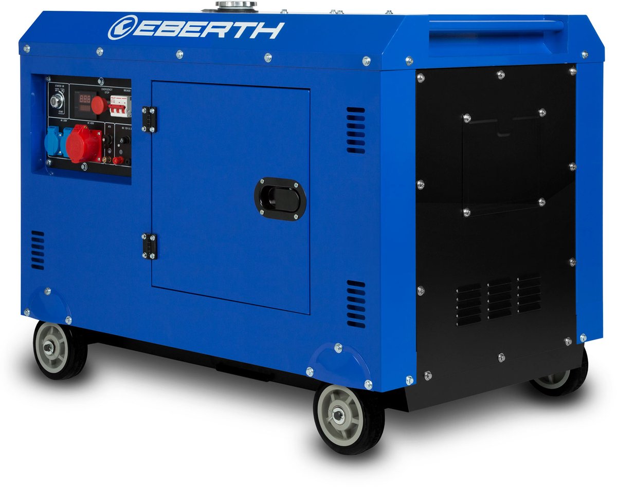 EBERTH 8000 watt dieselnoodstroomaggregaat, stroomgenerator met 13,9 pk, viertaktdieselmotor, driefasige stroomgenerator met 1x 400 V, 2x 230 V, 1x 12 V, automatische spanningsregelaar (AVR), oliepeilbeveiliging