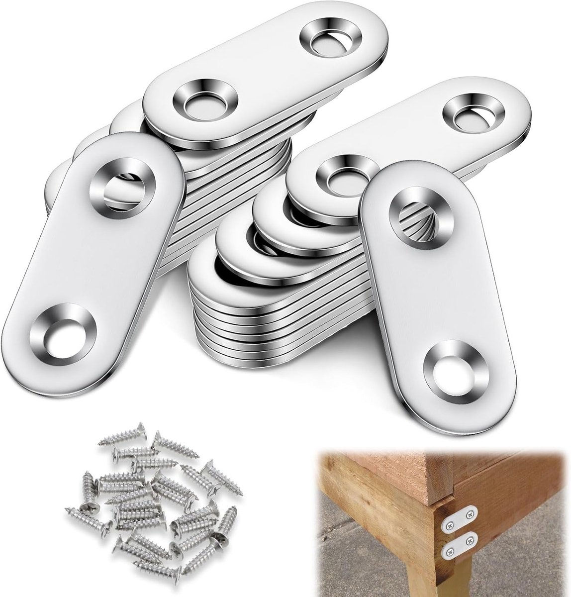 25 stuks roestvrijstalen platte connectoren, geperforeerde platen voor metaalverbindingen, 3.5 x 1.5 cm, inclusief 50 schroeven voor stevige bevestiging en montage