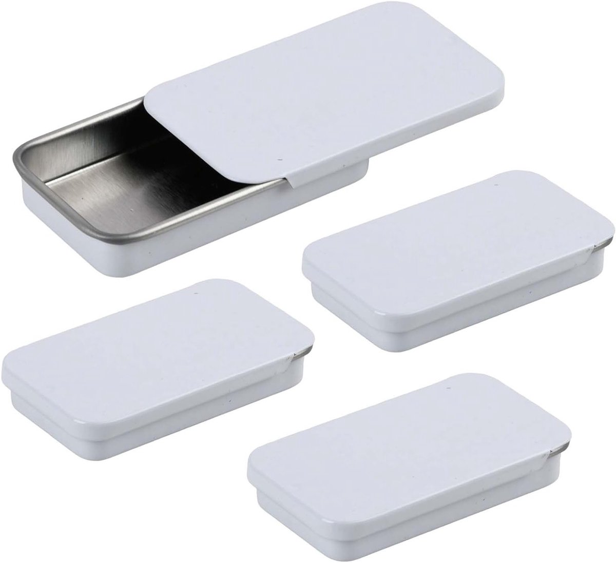 Set van 4 Kleine Metalen Blikken met Glijdend Deksel, Lege Dozen voor Cadeaus, Snoep en Favorieten, 6 x 3,2 x 1 cm (Wit)