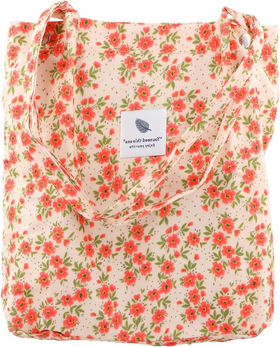 Extra grote corduroy schoudertas met binnenvak, ideaal voor casual winkelen, werk en school, bloemenpatroon, perfect voor de zomer