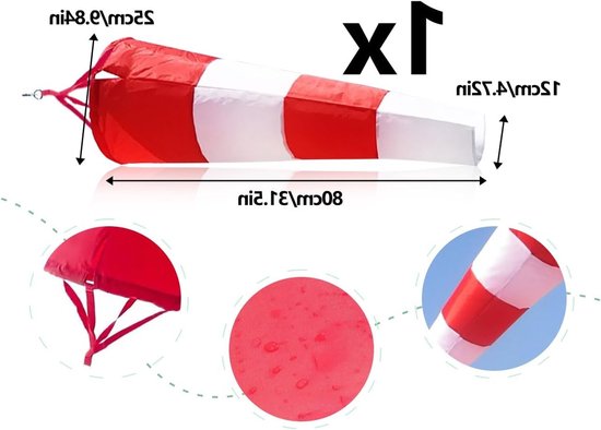 Windzak voor Buiten, Windscherm en Richtingsdisplay voor Windmeting met Gestreepte Polyesterriem (Rood en Wit, 80 cm) - Perfect voor Tuin, Camping en Watersport — afbeelding 5