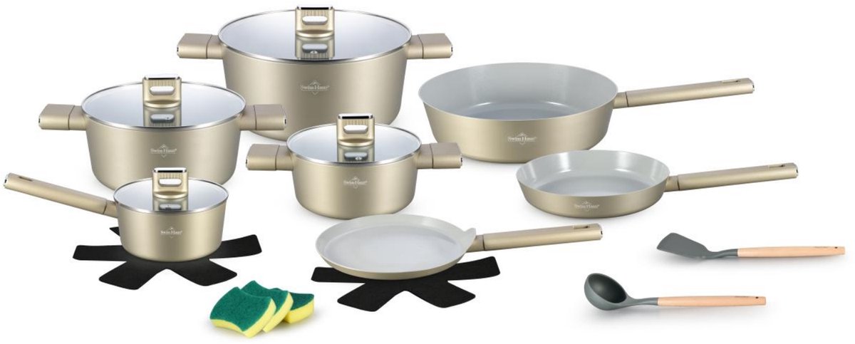 Swiss Haus® SC3018CH Pannenset Inductie - 18-delig – PFAS Vrij – Koekenpan, Kookpannen, Hapjespan, Pannenkoekenpan & Steelpan - Voor Alle Warmtebronnen – Ovenbestendig tot 160°C - Champagne