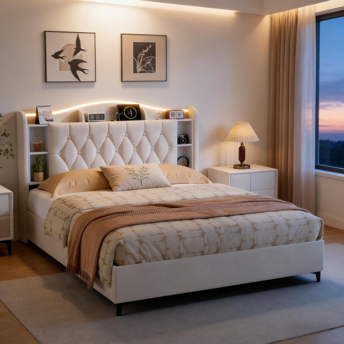 Luxe Velvet Opbergbed met LED, USB & Draadloos Opladen 160x200 cm – Hydraulisch Bedframe met Metalen Lattenbodem en Zacht Hoofdbord in Beige