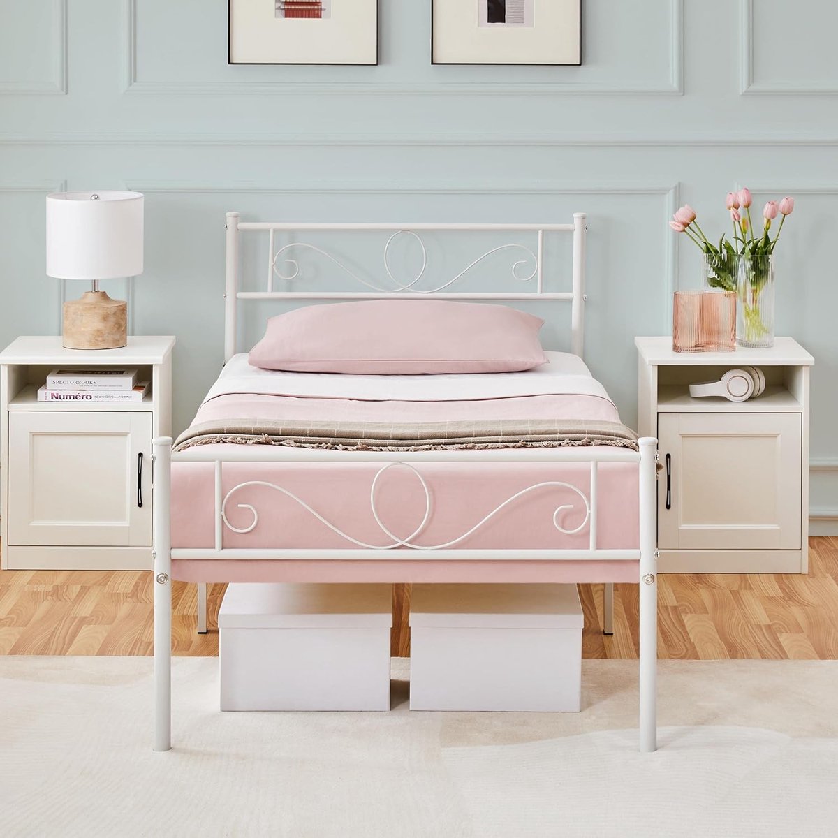 Minimalistisch Metalen Eenpersoonsbed Frame 90x190 cm met Lattenbodem, Hoofdbord en Onderbed Opbergruimte – Wit, Stevig en Squeak-Resistant