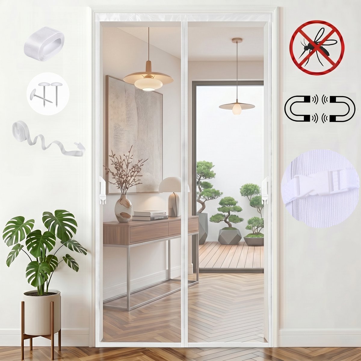 MUPOO Vliegengordijn Magnetisch – Hor Deur Schuifdeur met Verzwaarde Zoom- Zelfsluitend & Zonder Boren -hordeuren voor Schuifpui & Franse Deuren- 97x210 cm -Wit-1 stuk