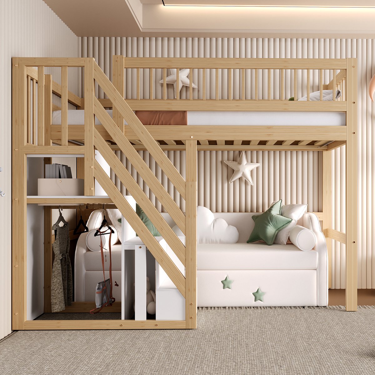 VVBV Hoogslaper Kinderbed 90x200 Massief Hout met Opbergtrap, Tienerbed, Natuurlijke Houtkleur