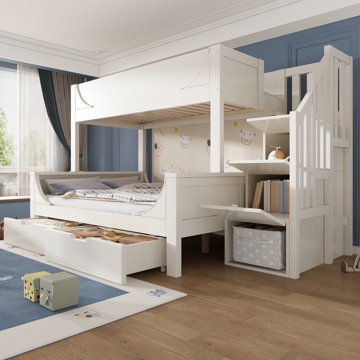 Stapelbed - 90-140x200cm - opbergtrap en lade - houten bed - kinderbed met hoge valbeveiliging - EN 747-1:2024 - wit (matras niet inbegrepen)