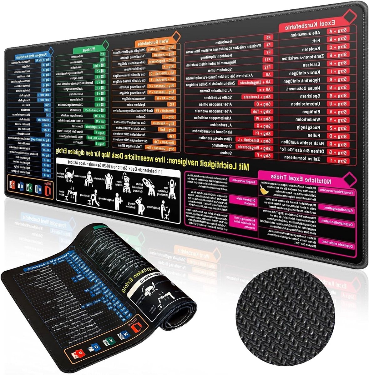 Grote Excel Muismat 80 x 30 x 0.3 cm, Ideaal voor Kantoor, Gaming en Productiviteit met Sneltoetsen