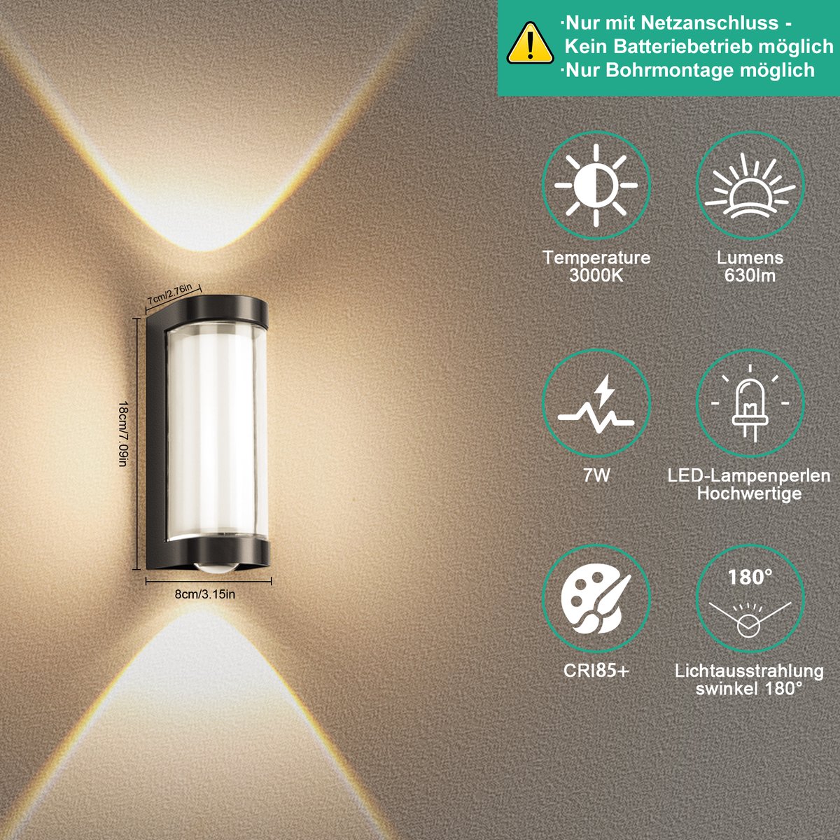Oraymin LED Wandlamp Buiten - 7W - 180° Stralingshoek - IP65 - Warm Wit