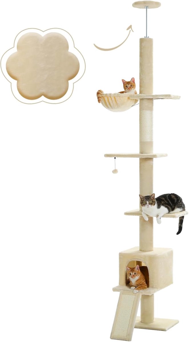 EcoPawPaw Krabpaal Vloer tot Plafond - Verstelbaar 210-274 cm - Kattenboom met Hangmat & Kattenhuis - Sisal Krabpaal - Beige