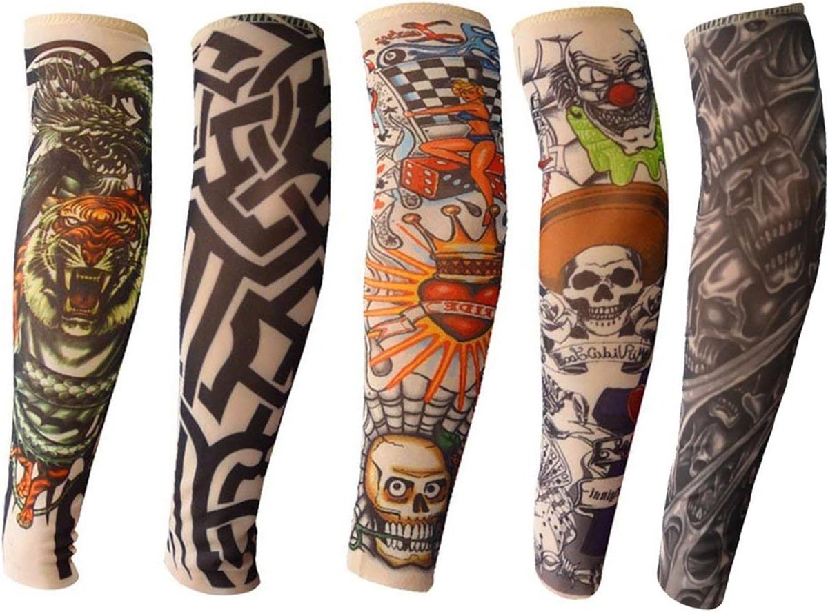 Pack van 5 Kindertatoeages Mouwen - Fake Tattoo Arm Sleeves voor Feestjes, Carnavalskostuums en Rockster Thema's