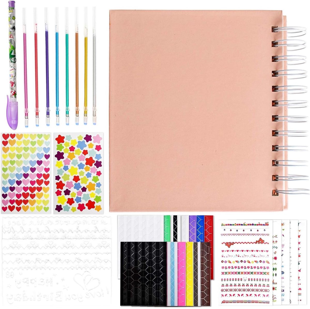 Scrapbook Fotoalbum met Spiral Binding en 25 Zwarte Pagina's, Inclusief Fotohoekjes, Sjablonen en Kleurige Markers voor Bruiloft, Verjaardag en Feestdagen