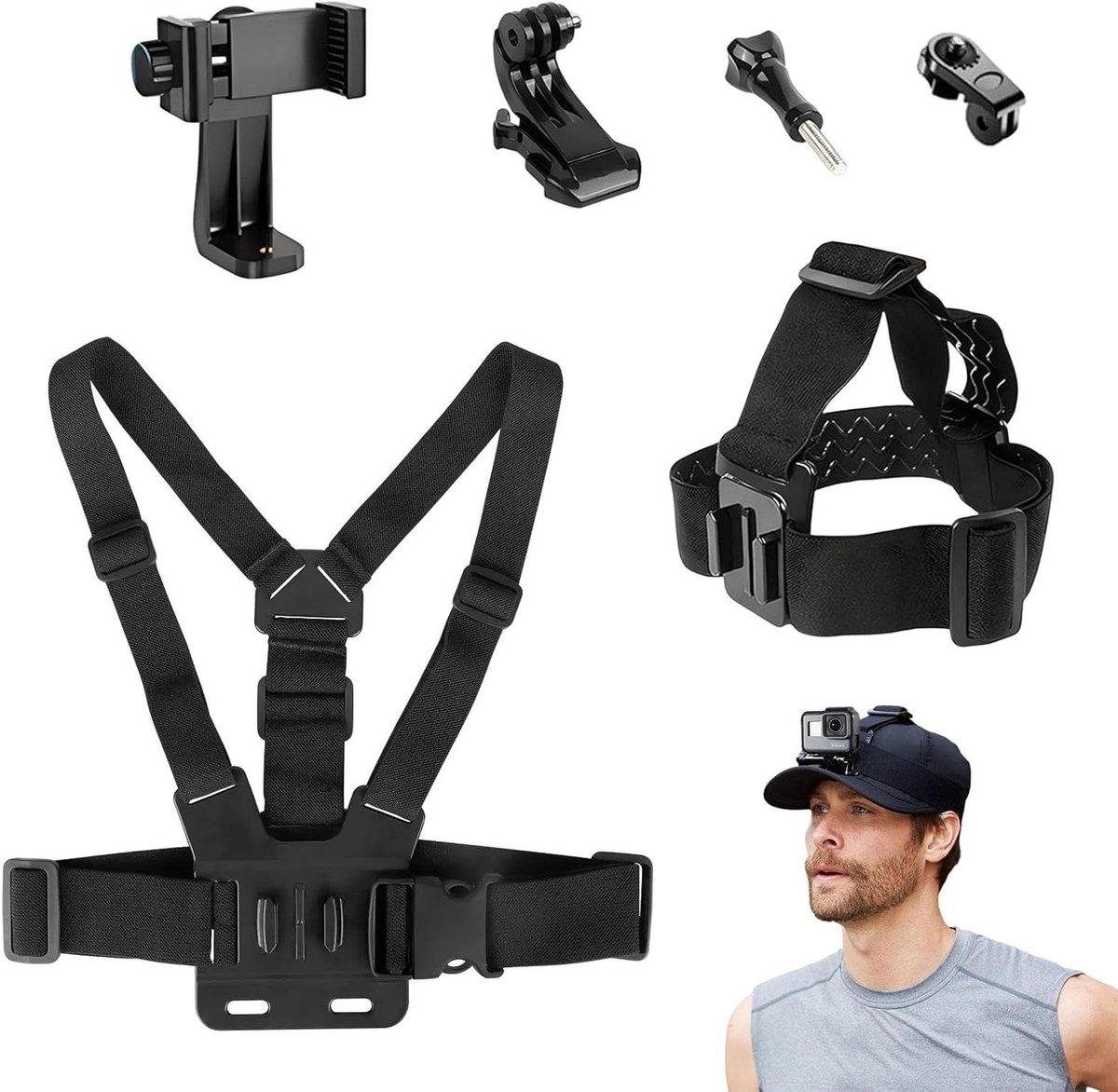 6-delige Borstharnas Set voor Actiecamera's en Smartphones - 3-in-1 Sportcamera Bevestiging, Hoofdband en Borstharnas, Geschikt voor GoPro Hero en DJI Osmo