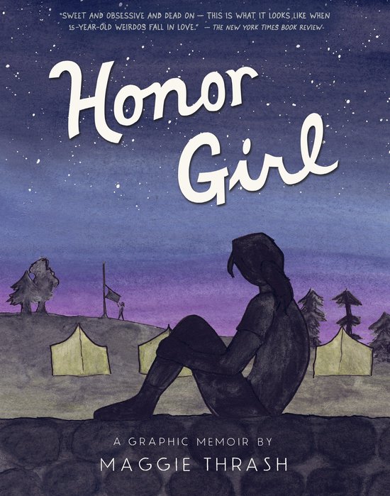 Boekcover met de titel 'Honor Girl' in grote letters. Een meisje zit in silhouet op een muur met tenten en bomen op de achtergrond onder een sterrenhemel.