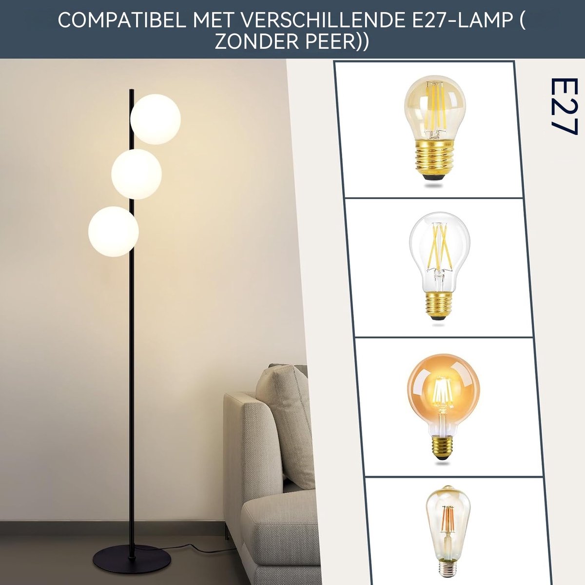 Glitzerlife - Moderne Industriële Vloerlamp - Zwart Staande Lamp - 3 Lichtbronnen - Vintage Design - E27 Voetlamp - Retro Vloerlamp - Metaal en Glas - Voor Woonkamer en Slaapkamer -150cm thumbnail 4