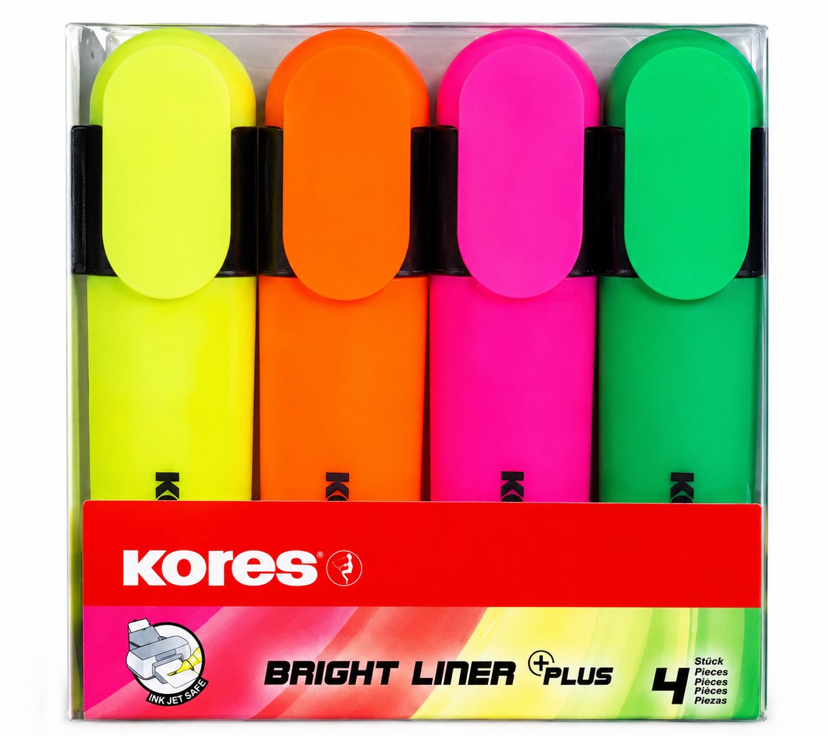 Kores Bright Liner Plus Neon Markeerstiften Set van 4 Kleuren - Voordeelverpakking van 4 Etuis - Fluorescerende Textmarkers met Wigvormige Punt en Ergonomische Greep - Schoolbenodigdheden