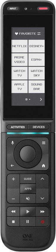 Volledig zwarte URC7985 One For All afstandsbediening met touchscreen, met knoppen en functies.