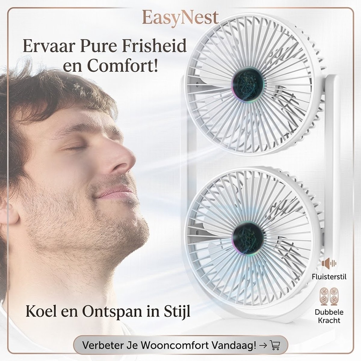 Draagbare Verstelbare Ventilator – Bureau- en Wandventilator voor Thuis, Kantoor, Slaapkamer & Camping, Ruimtebesparende Ventilator, Dubbele Kop Ventilator