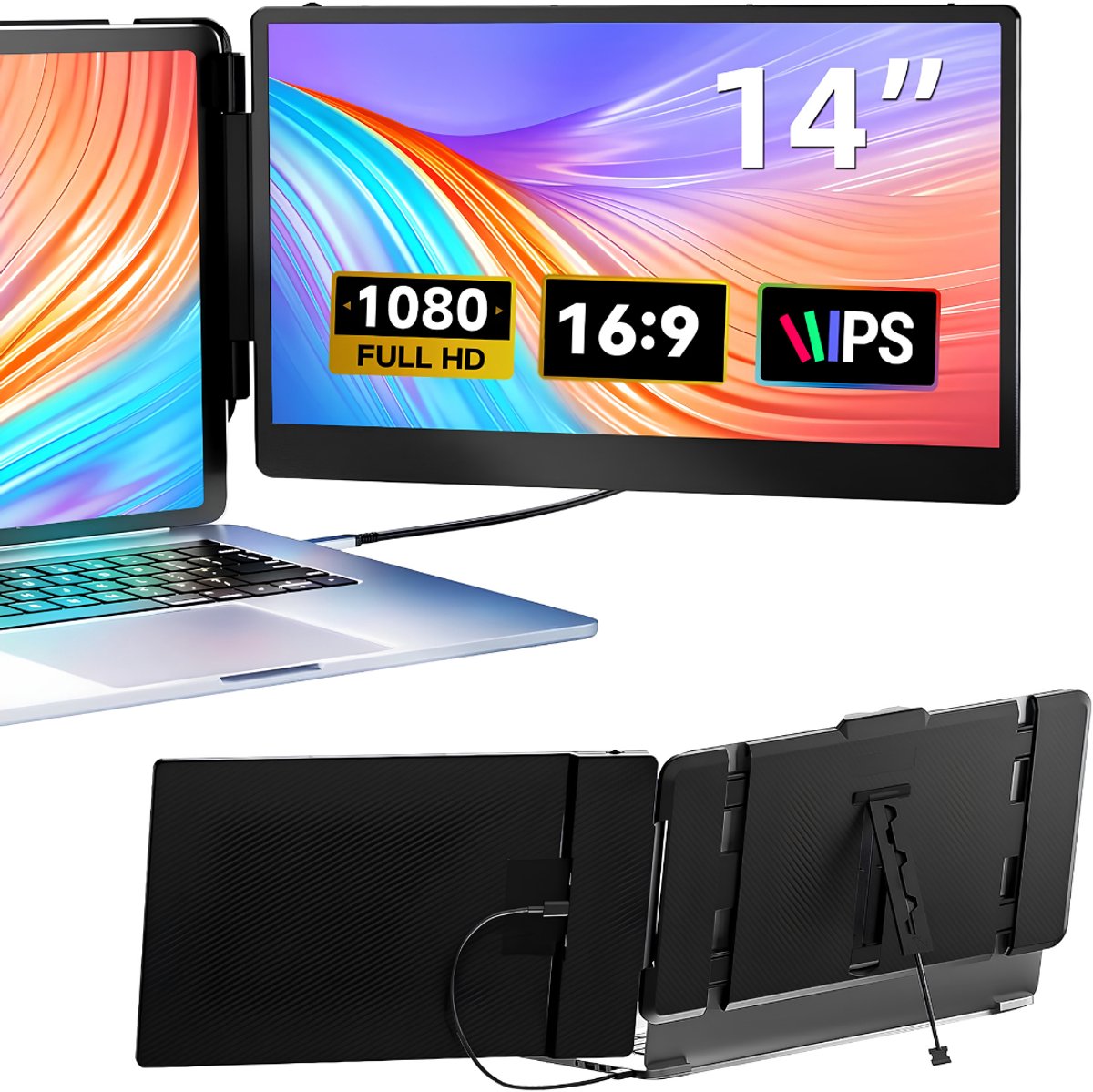 DnA® Professionele Portable Monitor - USB-C - 14 Inch - Draagbare Monitor - Portable Monitor Voor Laptop - Zwart - 2cm x 24cm x 24cm