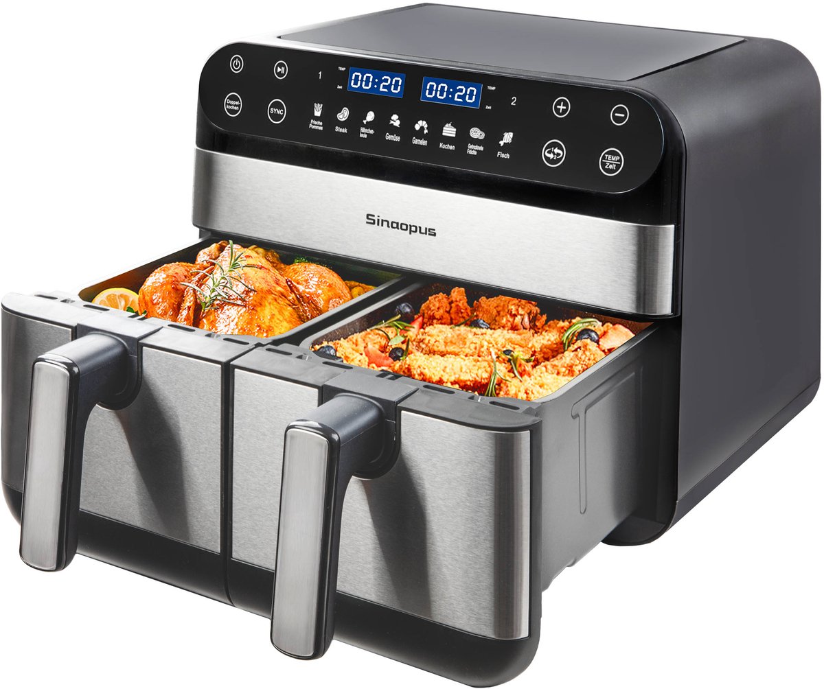Digitale Airfryer XXL 9L Sinaopus 920 – Heteluchtfriteuse met Dubbele Mand en DualMand Onafhankelijke Snelle Opwarming – Voor Gezinnen – 8 Programma’s – LED Touchscreen – Kijkvenster – Makkelijk te Reinigen – Capaciteit voor 7 Personen
