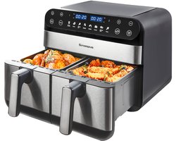 Digitale Airfryer XXL 9L Sinaopus 920 – Heteluchtfriteuse met Dubbele Mand en DualMand Onafhankelijke Snelle Opwarming – Voor Gezinnen – 8 Programma’s – LED Touchscreen – Kijkvenster – Makkelijk te Reinigen – Capaciteit voor 7 Personen