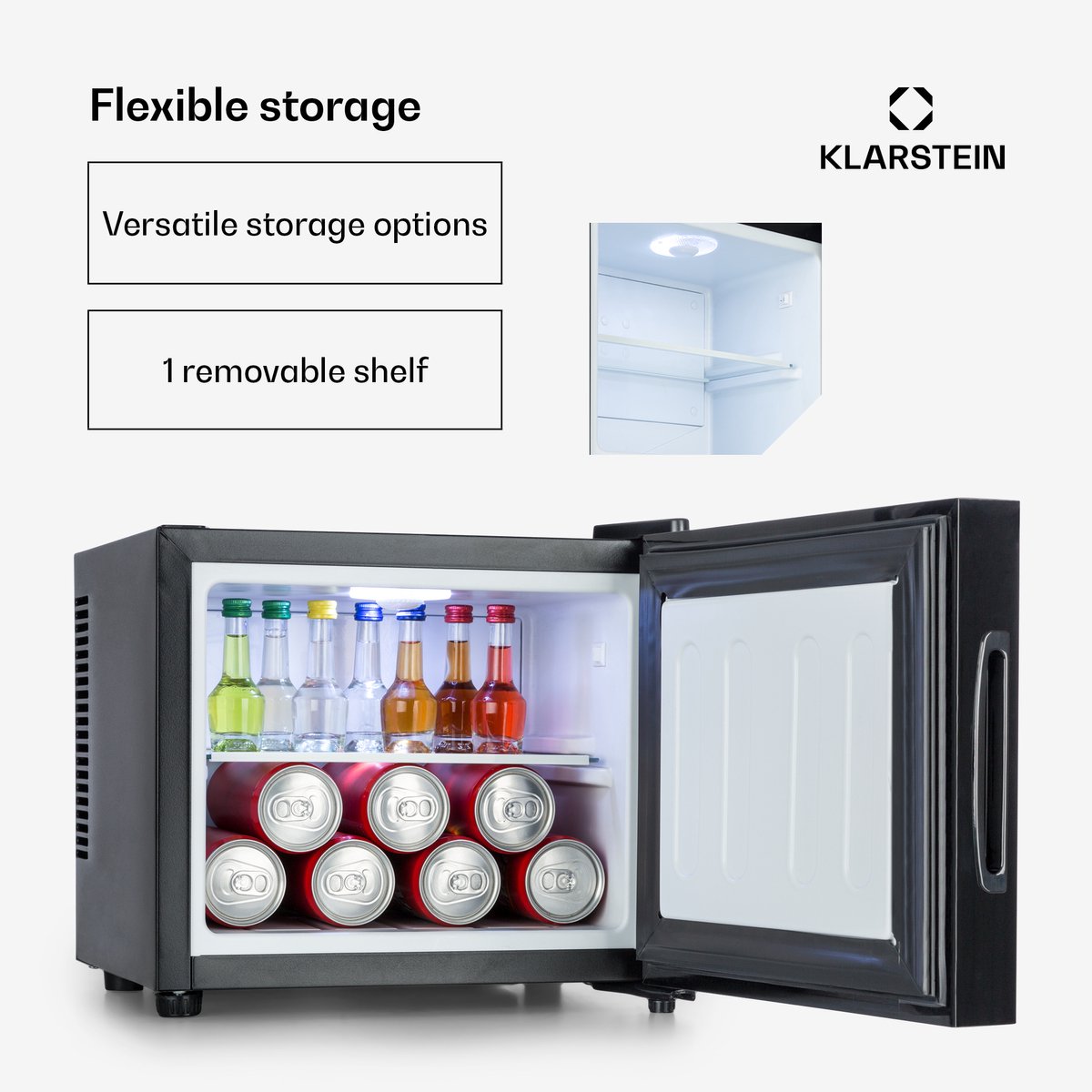 Klarstein Mini-Koelkast Frosty Vrijstaande - 10 Liter - Losse Glazen Bodemplaat - 33dB - Koele Frisheid - Voor Gastkamers Of Slaapkamers - Glansrijk - Thermo-elektrisch Koelsysteem - Spiegelglasdeur - praktisch - Elegant - Zwart – foto 8