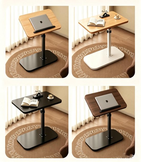 Laptoptafel met houten blad op zwart of wit frame. Verstelbaar in hoogte.