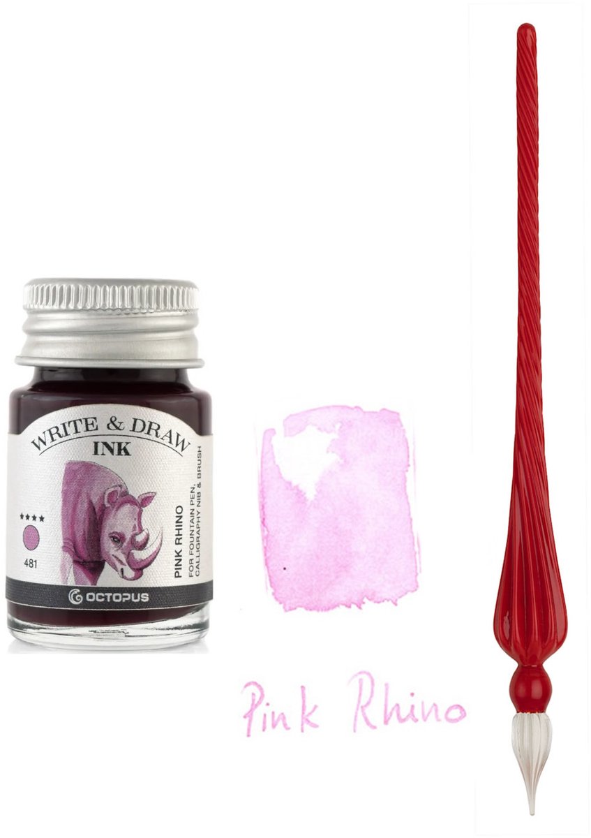 Glazen dip pen set in doosje - Rood - Potje Octopus inkt pink rhino