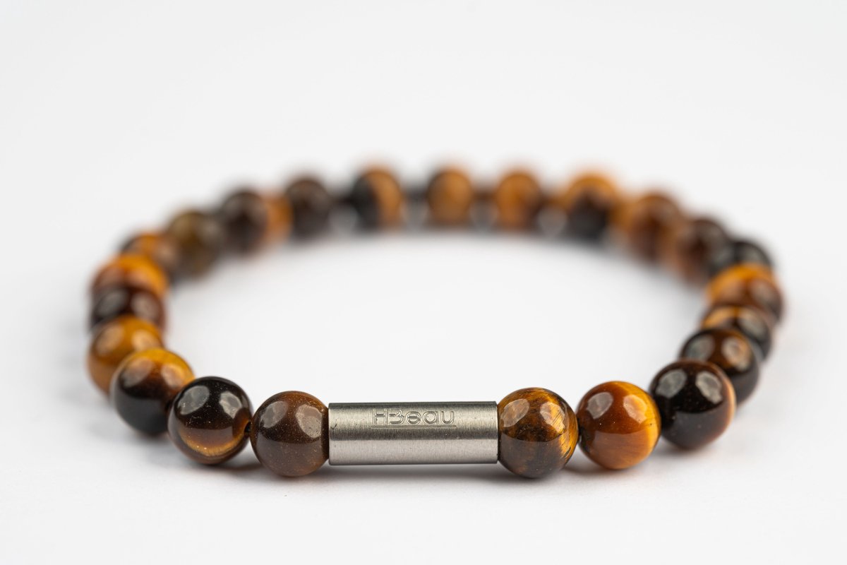 H-Beau - Handgemaakte Armband van Edelstenen - Natuurstenen - Kralen van Gouden Tijgeroog - RVS Kraal - 8mm - lengte 21cm - Bruin - Oker - Heren - Uniseks - Sterrenbeeld - Horoscoop - Leeuw - Tweeling