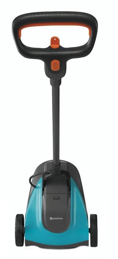Grastrimmer met oranje handvat, blauw-grijze behuizing en zichtbaar batterijvak.