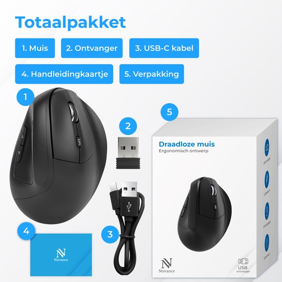 Totaalpakket: zwarte ergonomische draadloze muis, USB-ontvanger, USB-C kabel, handleidingskaartje en verpakking.
