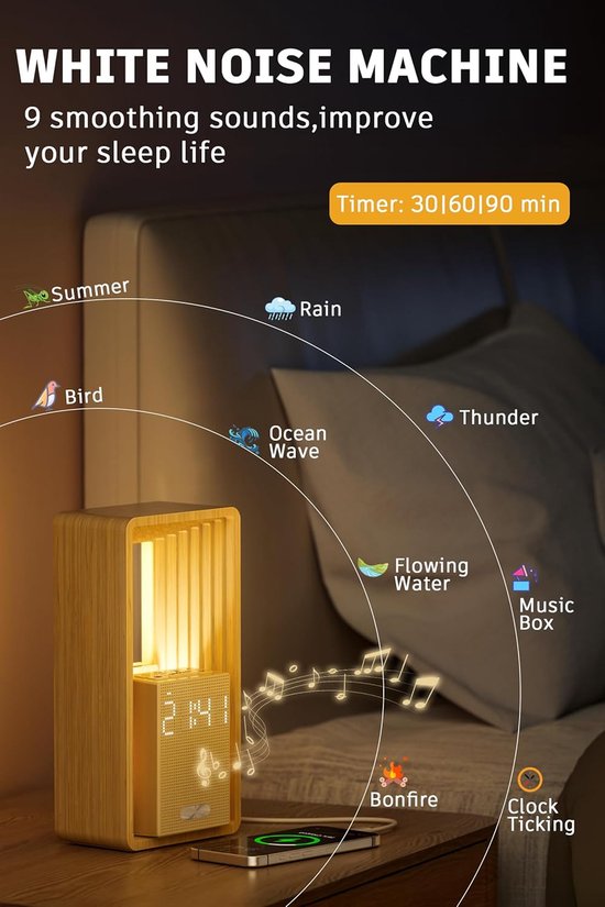 Nachtlamp met Klok - Wekker Sfeerverlichting - Rustig Ontwaken - Met USB Oplader - Verstelbaar - Houtkleur — afbeelding 3