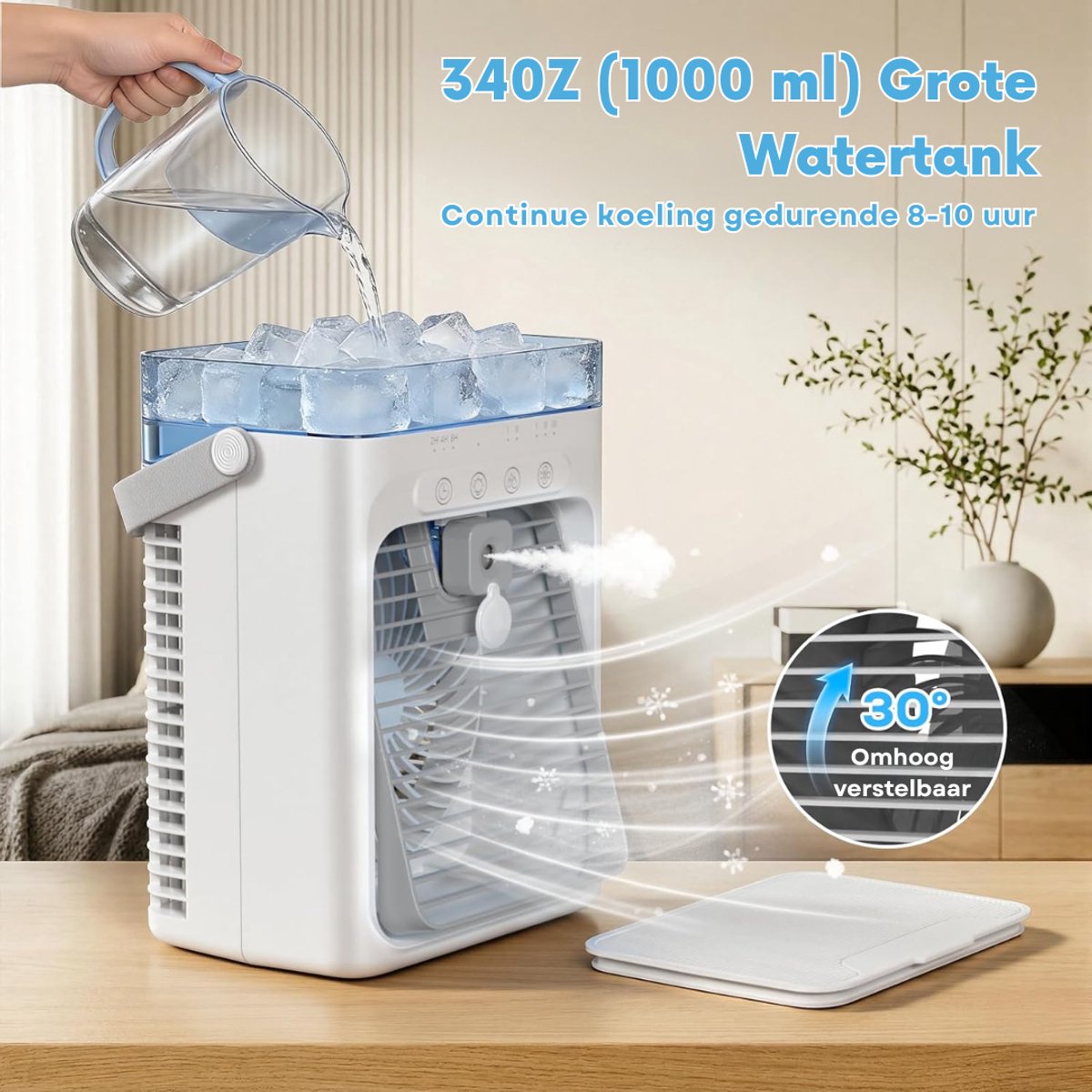 SNJY® Mobiele Airco Zonder Afvoer - Mobiele Airco voor Slaapkamer - Luchtkoeler - Aircooler - 2 Bevochtigingsniveaus - 3 Windsnelheden - 1L - Wit/Grijs – foto 7