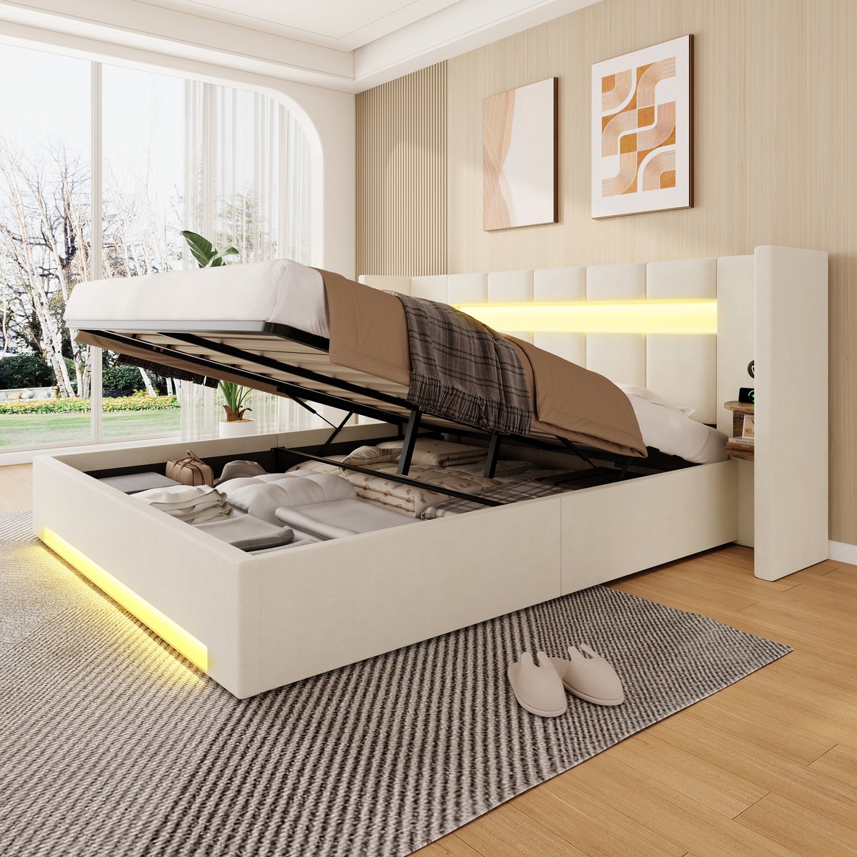REDOM Bedframe - Fluweel - Extra Breed Hoofdbord - USB-Aansluitingen - Opbergkasten - LED-Verlichting - Hydraulische Opbergruimte - Beige - 160x200 cm