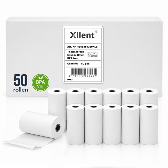 Witte kartonnen doos met 50 BPA vrije thermische rollen, 58x35x12mm, met uitgestalde rollen.