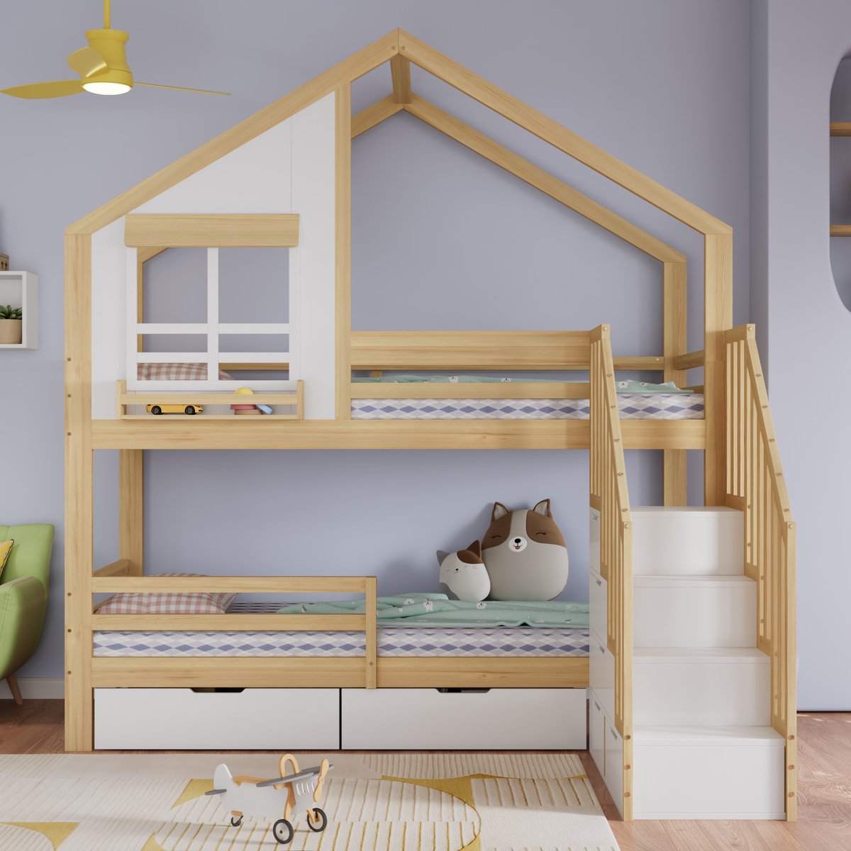 MODFU Stapelbed - Met Opberglades En Trap Met Leuningen - Huisbedontwerp - Kinderkamer - Hout En MDF - Wit En Naturel - 90 x 200 cm Natuurlijk+Wit